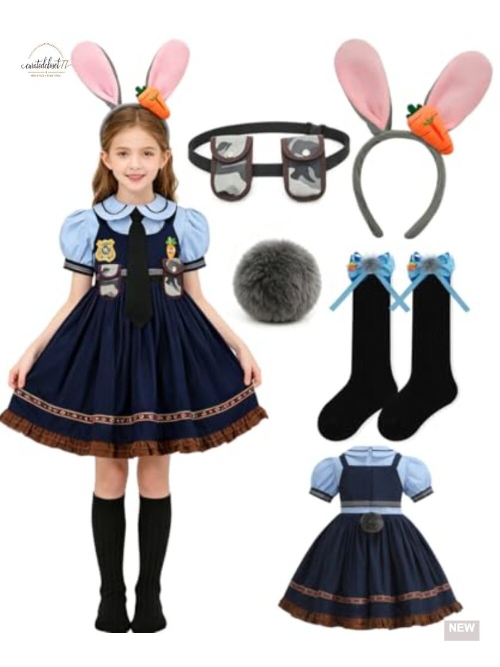 Girls Police Officer Costume Dress Set Bunny Headband Socks Rabbit Cosplay